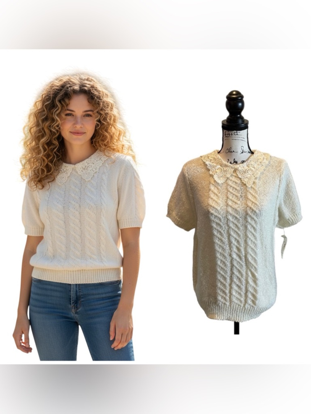 Koret Career Pullover Sweater Lace Collar Ivory Cream Size Large Vintage NWT